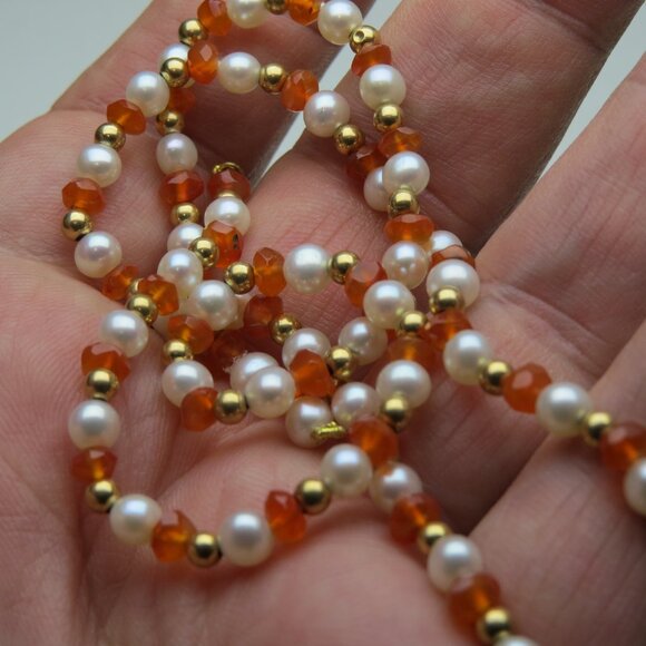 14k Gold Orange Sardonyx & Cultured pearl Necklace - Picture 2 of 4